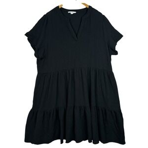 Lucky Brand Gauze Tiered Dress 2X Black Cotton Short Sleeve Babydoll Peasant